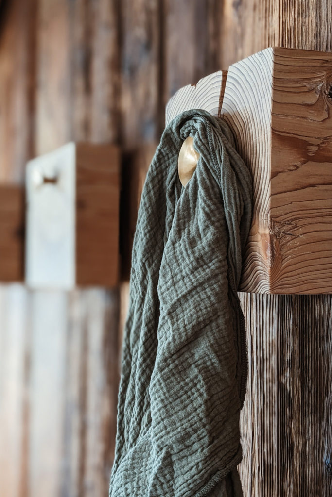 Lässig und schön zugleich: Atlholz und Messiing vereint in einer einfachen Garderobe von Liebwerk Schreinerei am Bodesee.